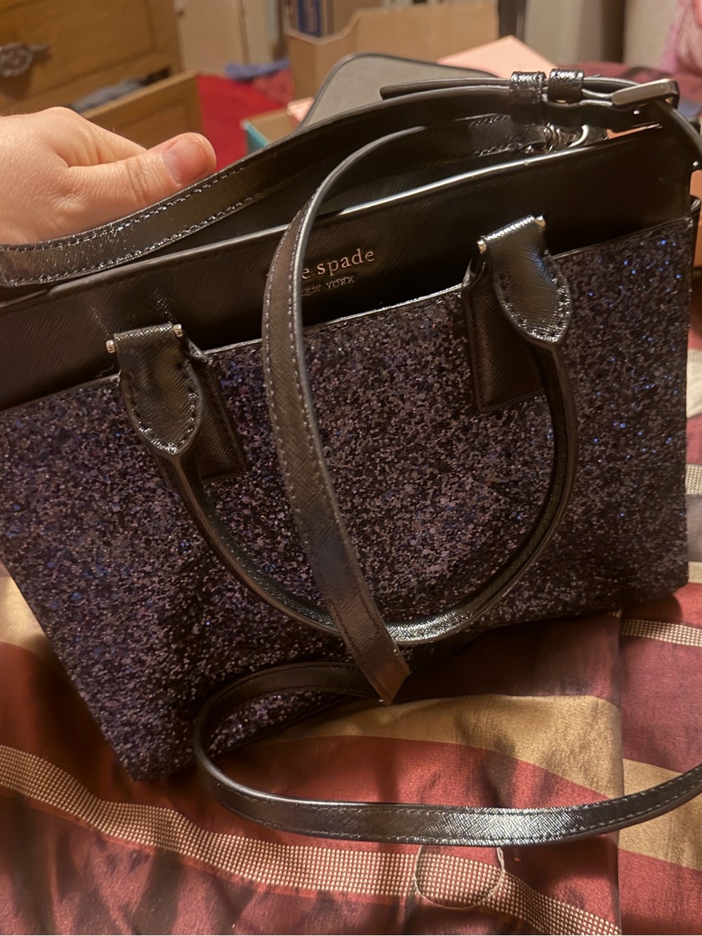 kate spade Black and Deep Blue Glitter Crossbody Satchel